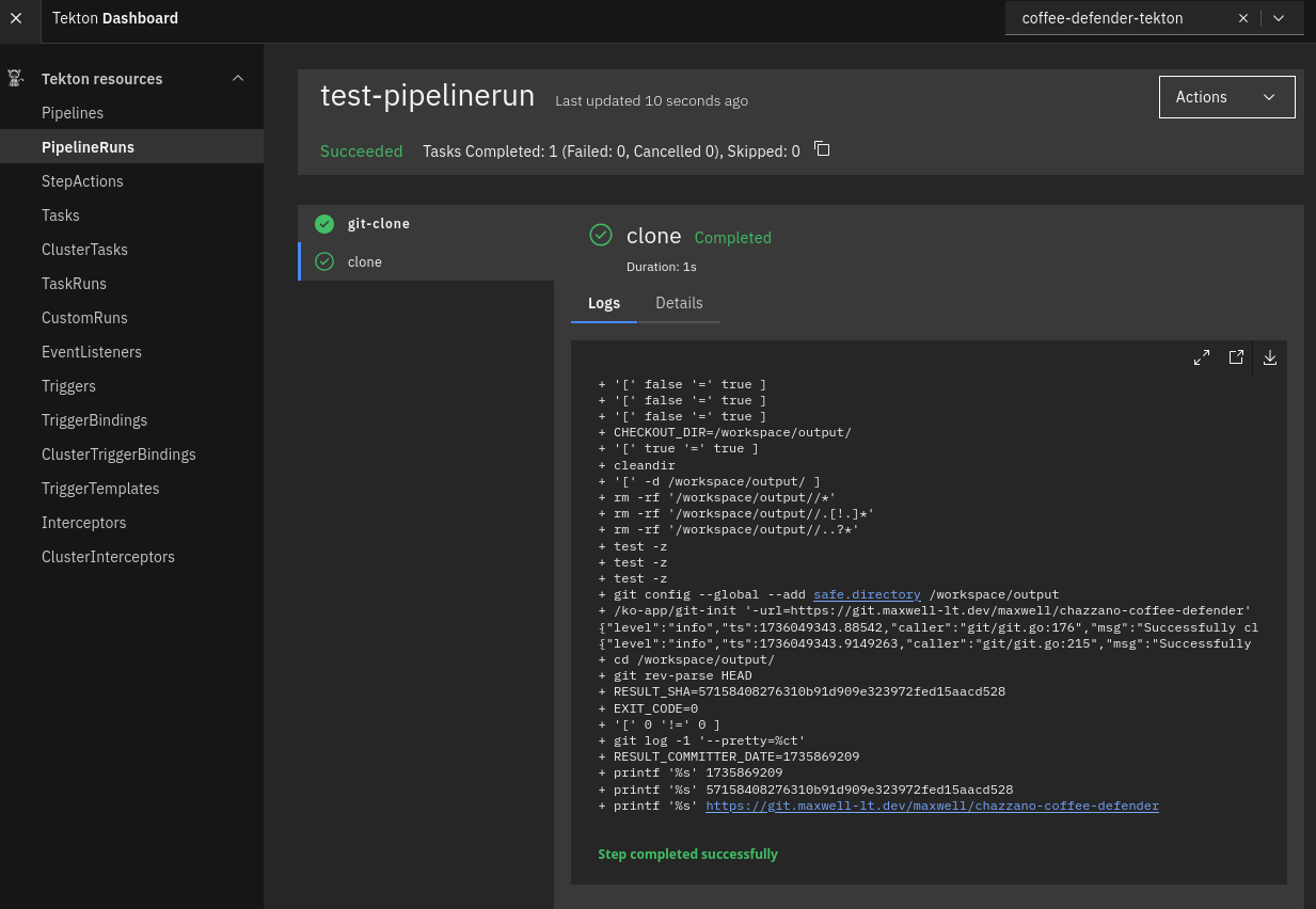 Tekton dashboard showing successful execution of the test pipeline